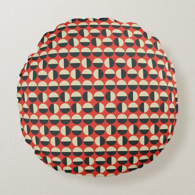 Retro Red Black Beige Sixties Polka Dot Pattern Round Pillow (Front)