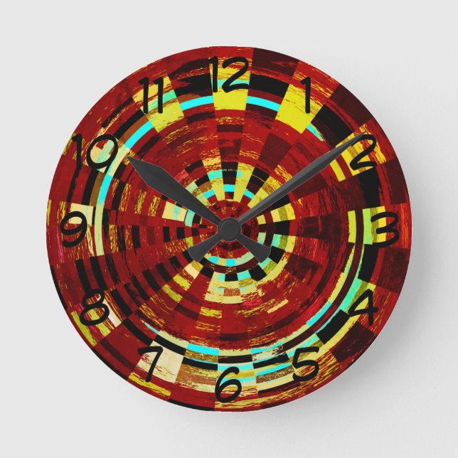 Retro Red Black Blue Yellow Brown Circular Pattern Round Clock (Front)