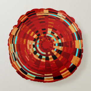 Retro Red Black Blue Yellow Brown Circular Pattern Round Pillow