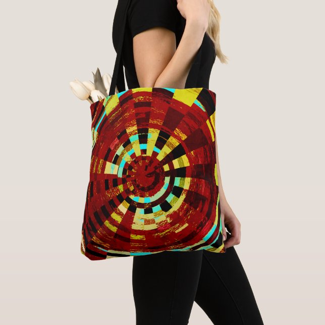 Retro Red Black Blue Yellow Brown Circular Pattern Tote Bag (Close Up)