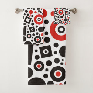 Retro Red & Black Modern Tech Art Deco Bath Towel Set