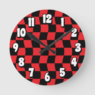 Retro Red Black Wavy Chequered Pattern Round Clock