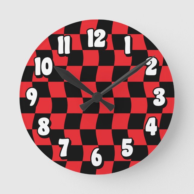 Retro Red Black Wavy Chequered Pattern Round Clock (Front)