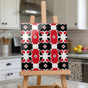Retro Red Black White Geometric Floral Pattern Tile