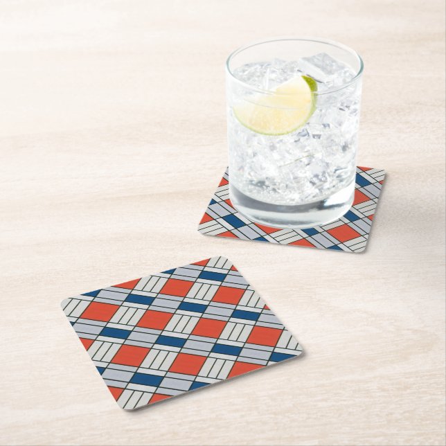 Retro Red Blue Geometric Pattern Paper Coaster (Insitu)