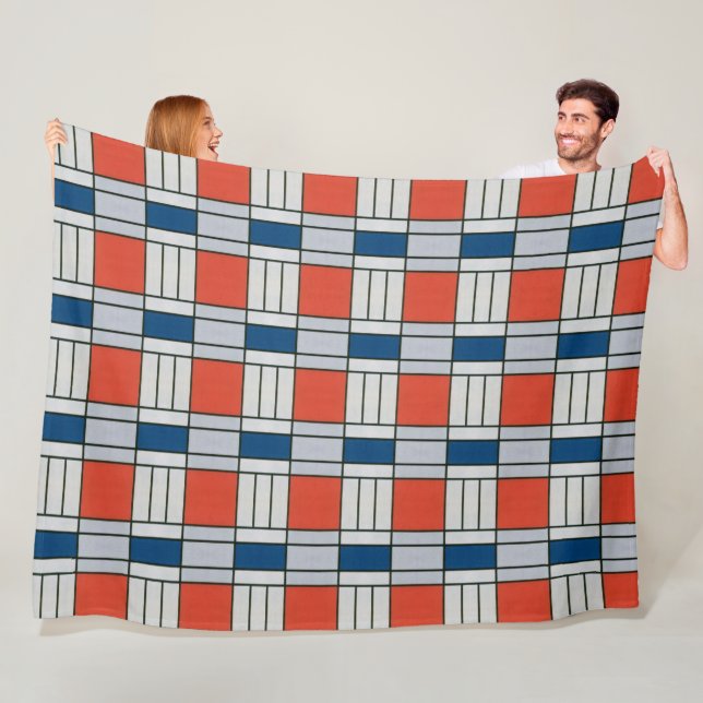 Retro Red Blue Grey Geometric Pattern Fleece Blanket (In Situ)