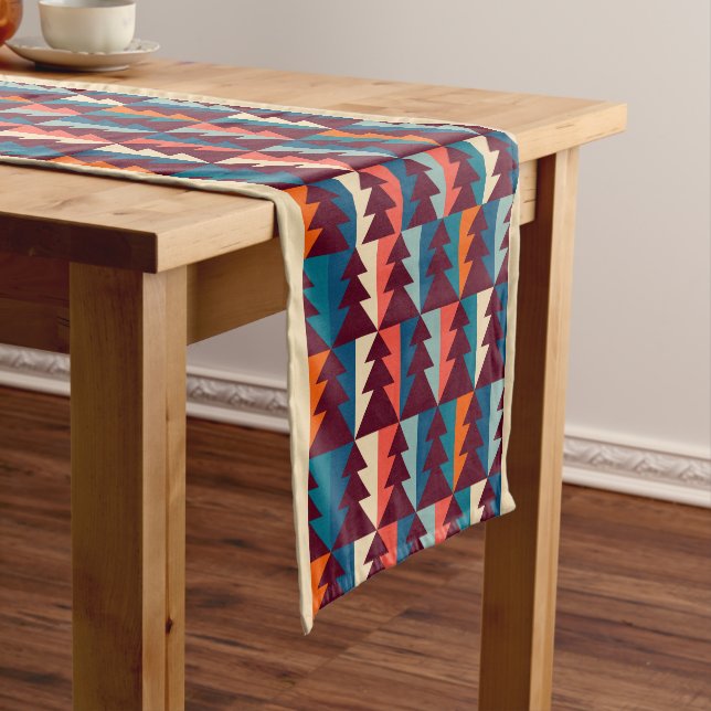 Retro Red Blue Modern Simple Tree Christmas  Short Table Runner (In Situ)