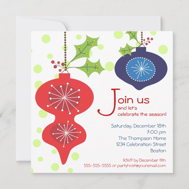 Retro Red & Blue Ornament Holiday Party Invitation (Front)