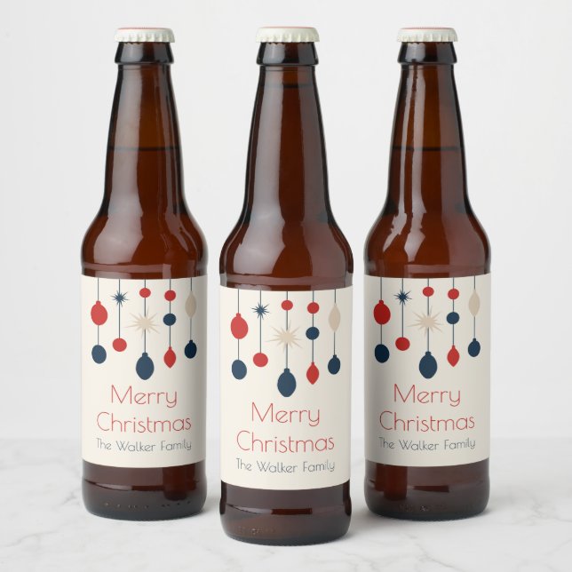 Retro Red Blue Ornaments Christmas Party Beer Bottle Label (Bottles)