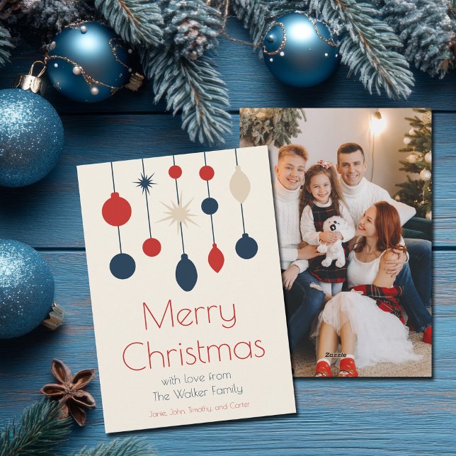 Retro Red Blue Ornaments Christmas Photo Holiday Card (Creator Uploaded)