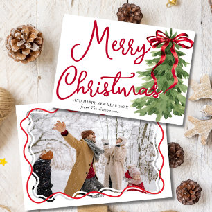 Retro Red Bow Pine Squiggle Frame Photo Christmas Holiday Card