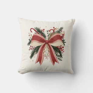 Retro Red Bow with Candy Canes and Greenery Throw Pillow