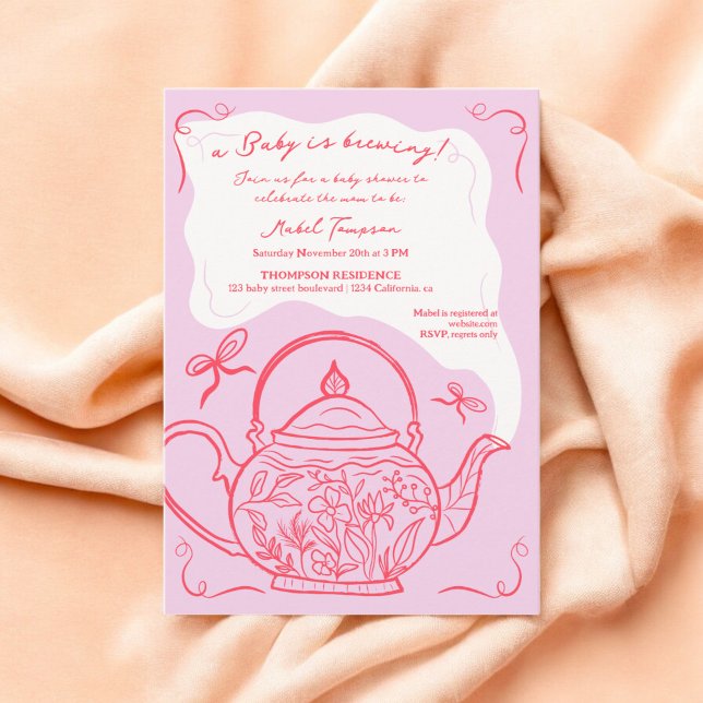 Retro red bows teapot baby is brewing Baby shower Invitation (Retro red bows teapot baby is brewing Baby shower Invitation)