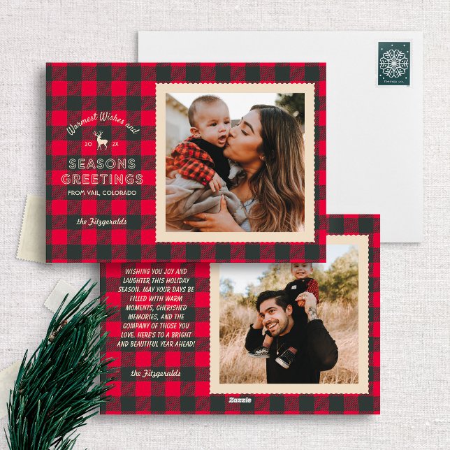 Retro Red Buffalo Plaid Rustic Christmas Photo Holiday Card (Creator Uploaded)
