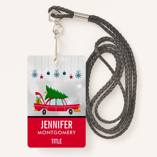 Retro Red Car Carrying a Christmas Tree Badge (Front with Lanyard)