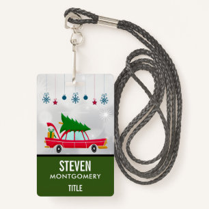 Retro Red Car Carrying a Christmas Tree Badge