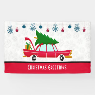 Retro Red Car Carrying a Christmas Tree Banner