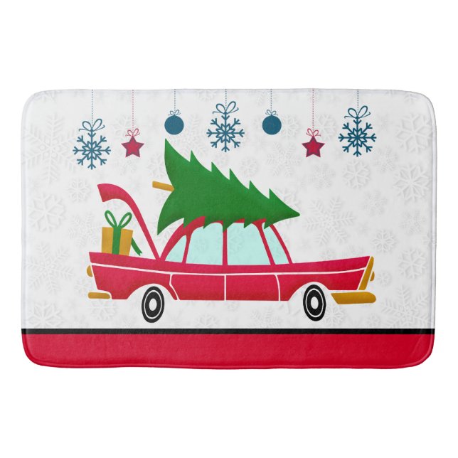 Retro Red Car Carrying a Christmas Tree Bath Mat (Front)
