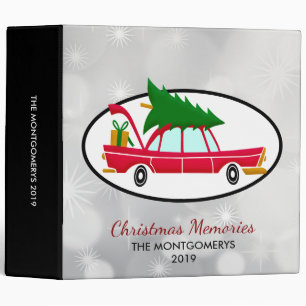 Retro Red Car Carrying a Christmas Tree Binder