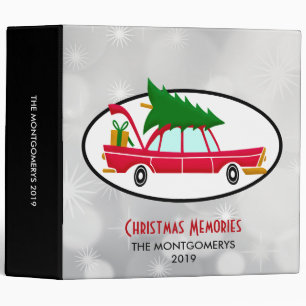 Retro Red Car Carrying a Christmas Tree Binder