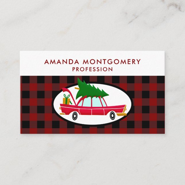 Retro Red Car Carrying a Christmas Tree Business Card (Front)
