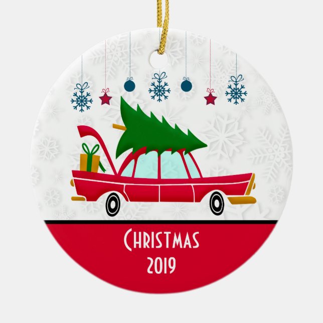 Retro Red Car Carrying a Christmas Tree Ceramic Ornament (Front)