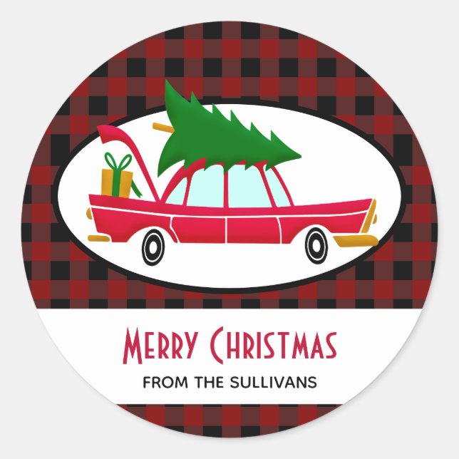 Retro Red Car Carrying a Christmas Tree Classic Round Sticker (Front)
