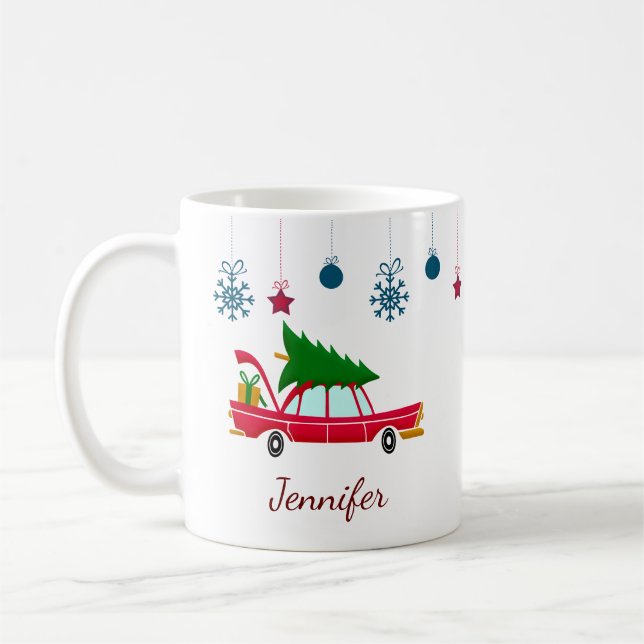 Retro Red Car Carrying a Christmas Tree Coffee Mug (Left)