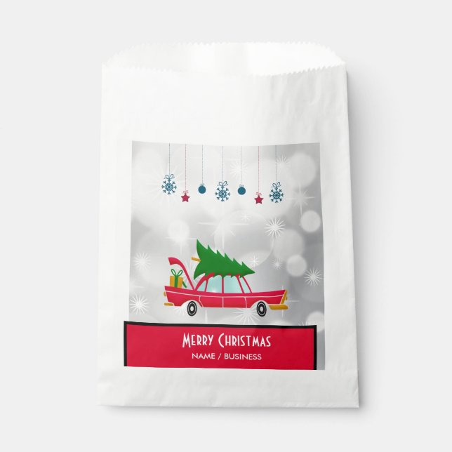Retro Red Car Carrying a Christmas Tree Favour Bag (Front)