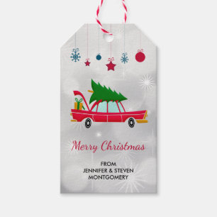 Retro Red Car Carrying a Christmas Tree Gift Tags