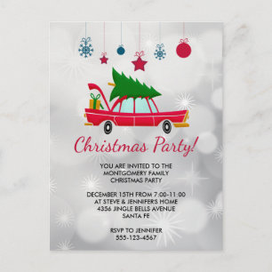 Retro Red Car Carrying a Christmas Tree Invite Postcard