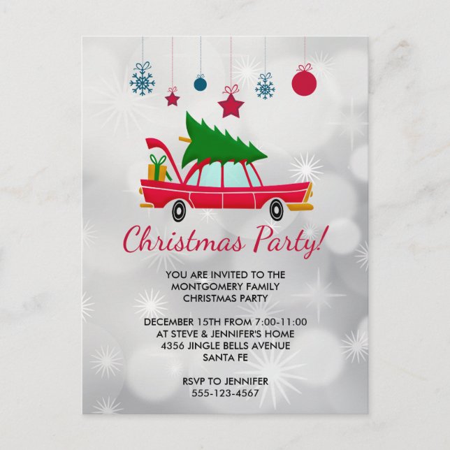 Retro Red Car Carrying a Christmas Tree Invite Postcard (Front)
