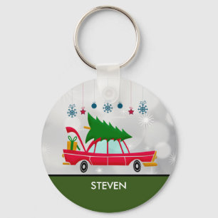 Retro Red Car Carrying a Christmas Tree Keychain