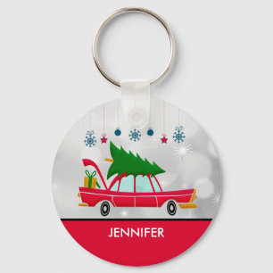 Retro Red Car Carrying a Christmas Tree Keychain