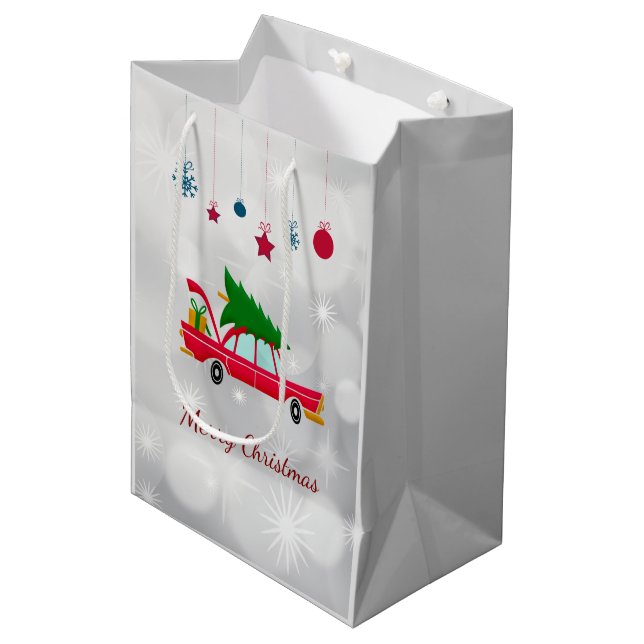 Retro Red Car Carrying a Christmas Tree Medium Gift Bag (Front Angled)