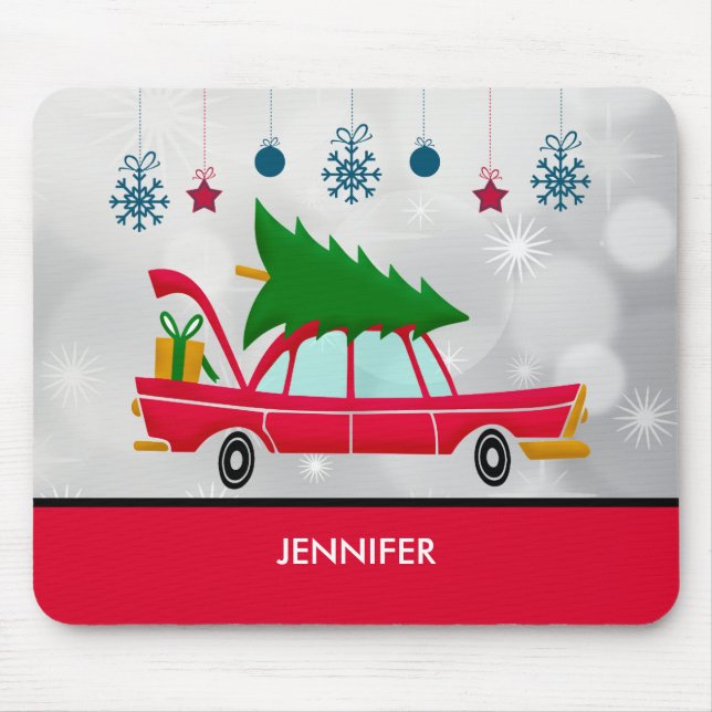 Retro Red Car Carrying a Christmas Tree Mouse Pad (Front)