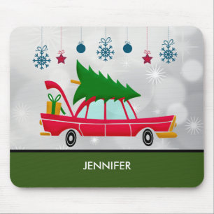 Retro Red Car Carrying a Christmas Tree Mouse Pad
