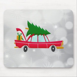 Retro Red Car Carrying a Christmas Tree Mouse Pad