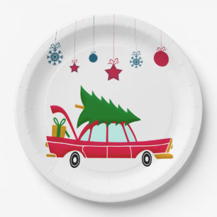 Retro Red Car Carrying a Christmas Tree Paper Plate