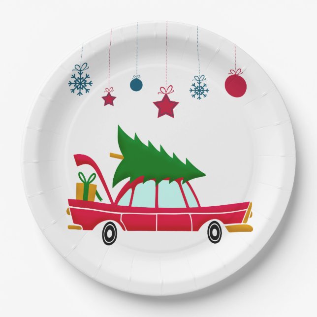 Retro Red Car Carrying a Christmas Tree Paper Plate (Front)