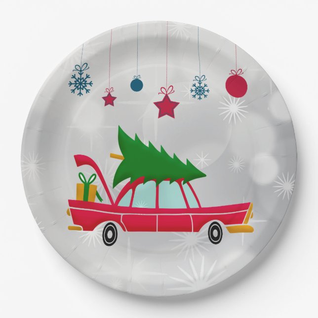 Retro Red Car Carrying a Christmas Tree Paper Plate (Front)