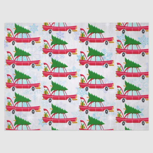 Retro Red Car Carrying a Christmas Tree Pattern Tissue Paper (Front)