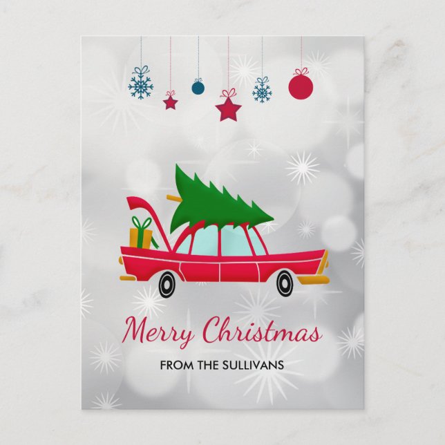 Retro Red Car Carrying a Christmas Tree Postcard (Front)