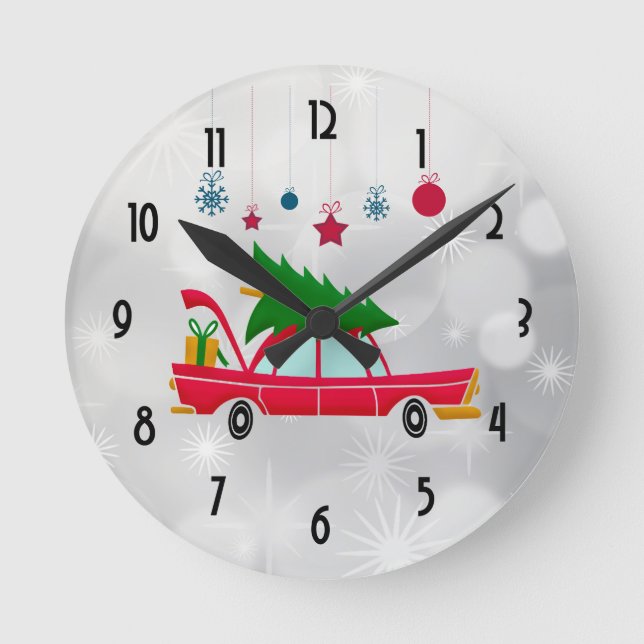 Retro Red Car Carrying a Christmas Tree Round Clock (Front)