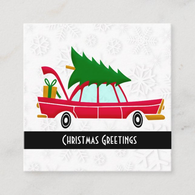 Retro Red Car Carrying a Christmas Tree Square Business Card (Front)