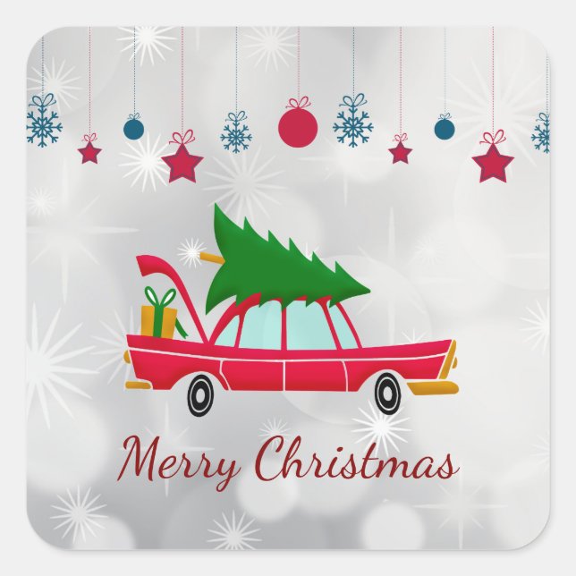 Retro Red Car Carrying a Christmas Tree Square Sticker (Front)