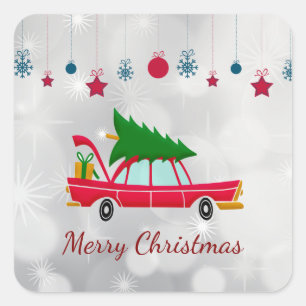 Retro Red Car Carrying a Christmas Tree Square Sticker
