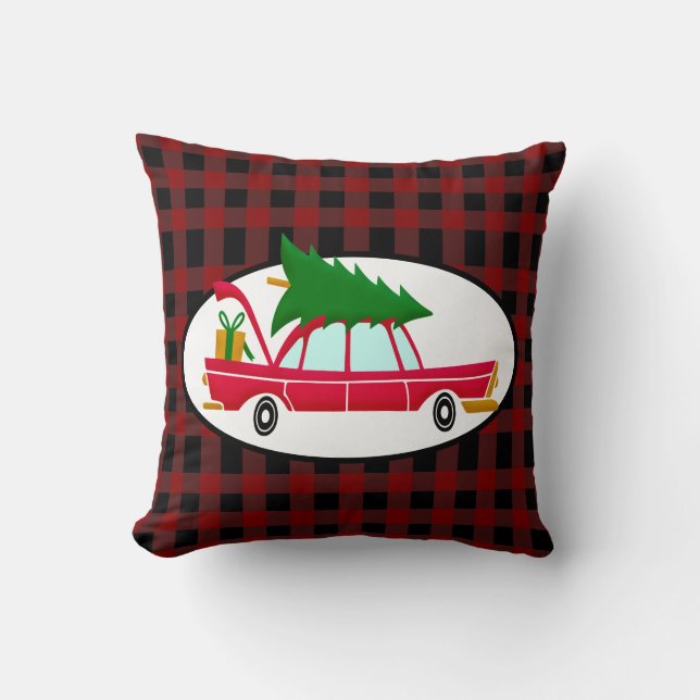Retro Red Car Carrying a Christmas Tree Throw Pillow (Front)