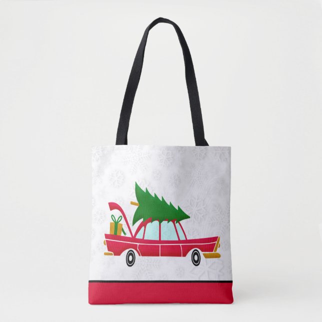 Retro Red Car Carrying a Christmas Tree Tote Bag (Front)