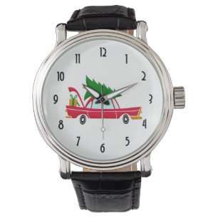 Retro Red Car Carrying a Christmas Tree Watch